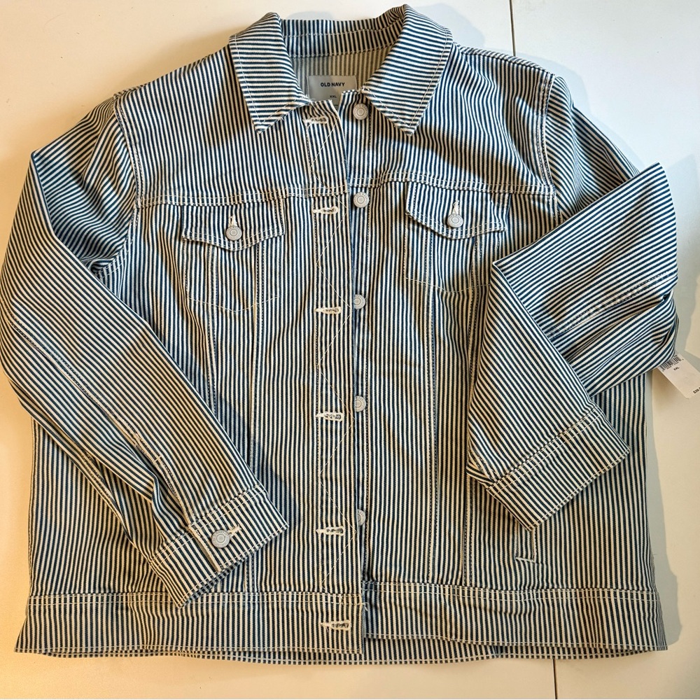 Old Navy Blue and White Striped Denim Jacket